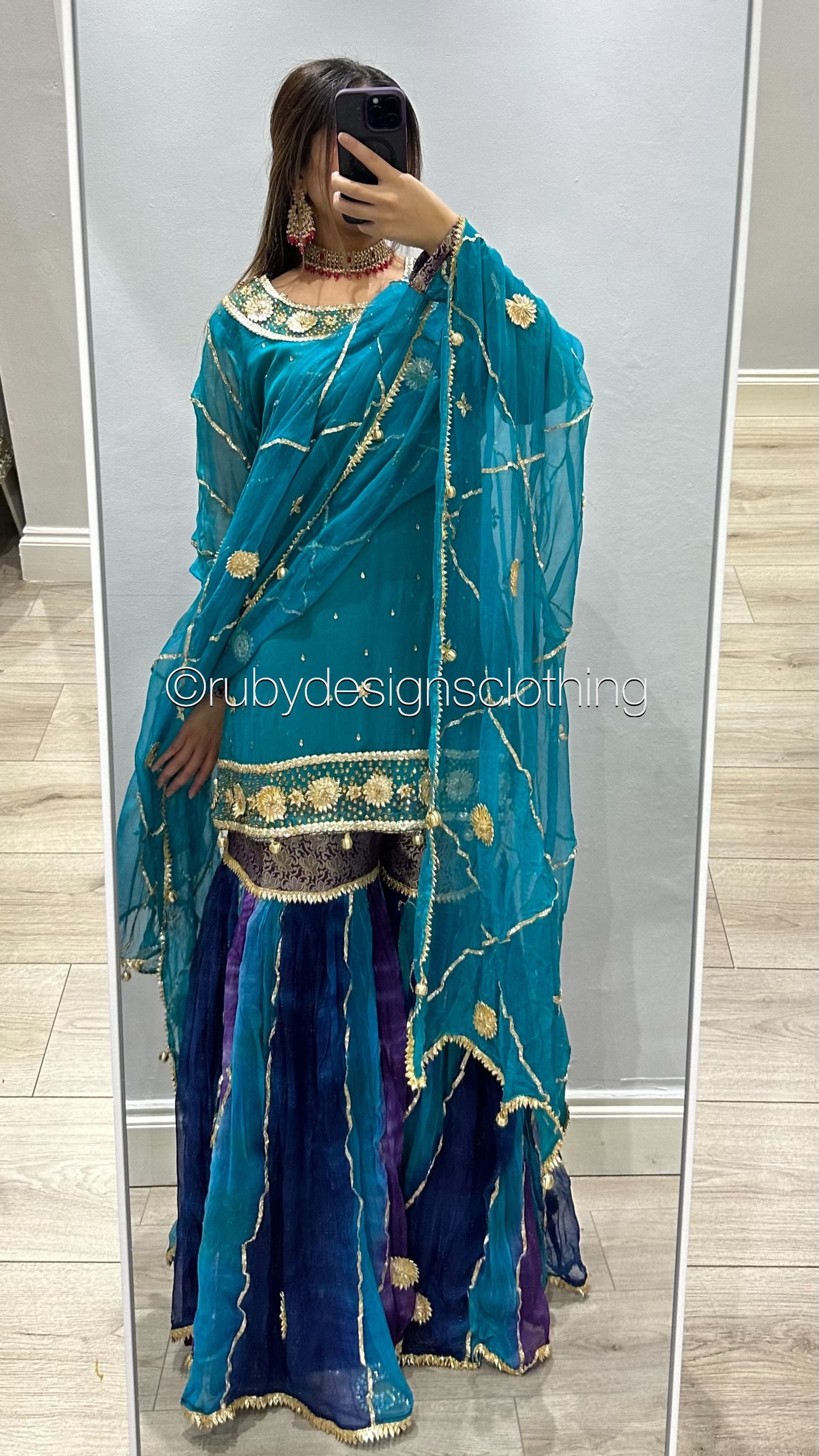 EXCLUSIVE SAMPLE - 3 Piece Blue and Purple Chiffon Suit with Gota Work and Sharara (8746852679893)