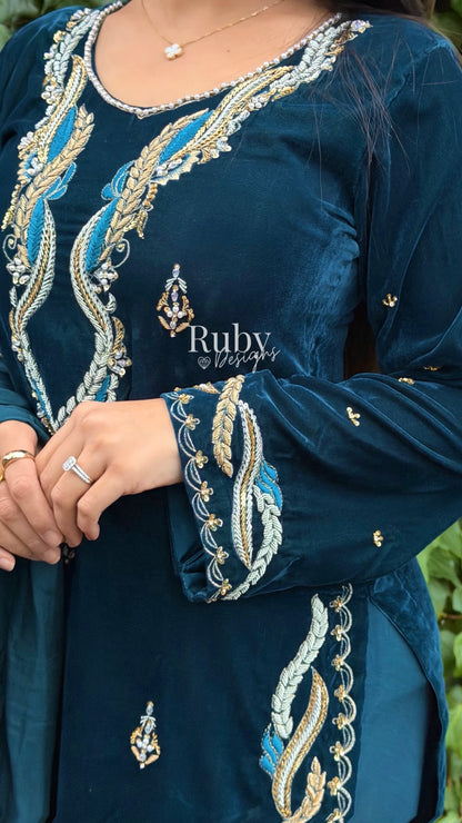 LINA - 3 Piece Teal Luxury Velvet Suit with Gold Handwork