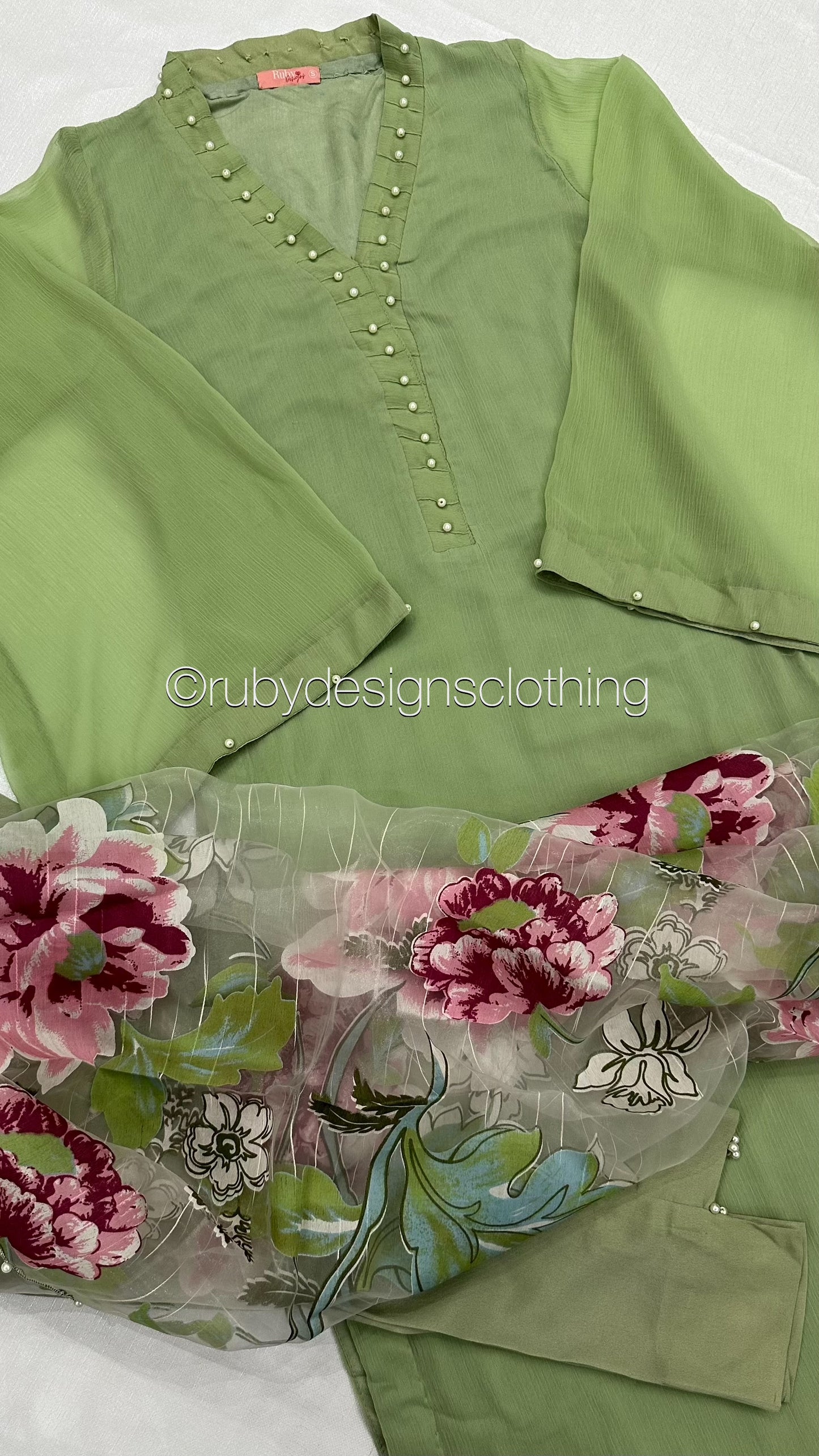 ARIA Sage - 3 Piece Sage Green Chiffon Suit with Chiffon Dupatta