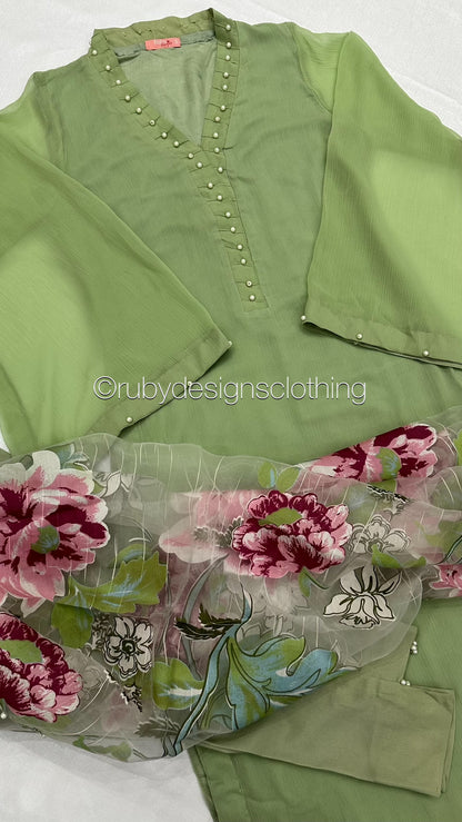 ARIA Sage - 3 Piece Sage Green Chiffon Suit with Chiffon Dupatta