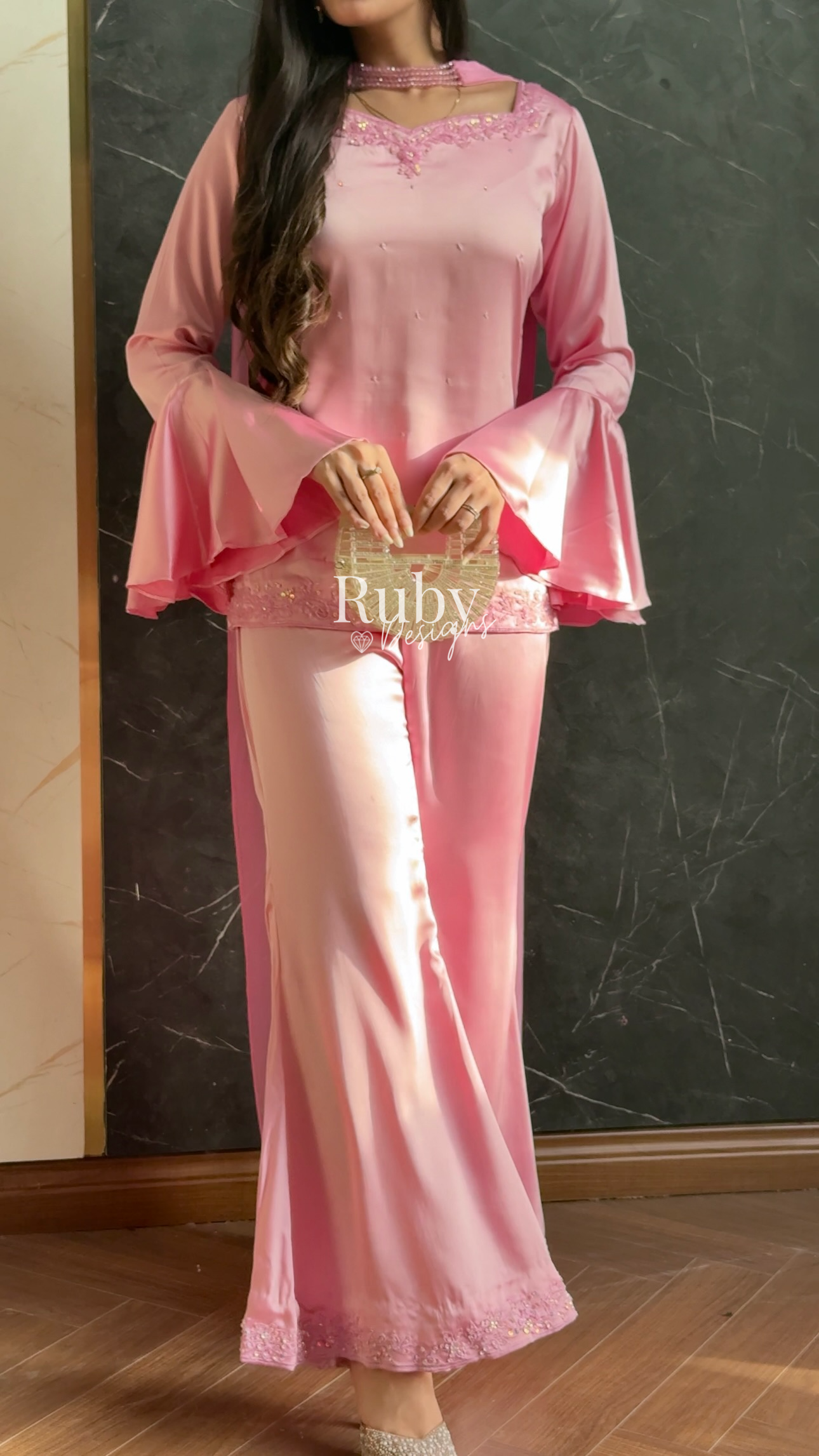 KAREENA Pink - 3 Piece Silk Suit with Crystal Choker Dupatta
