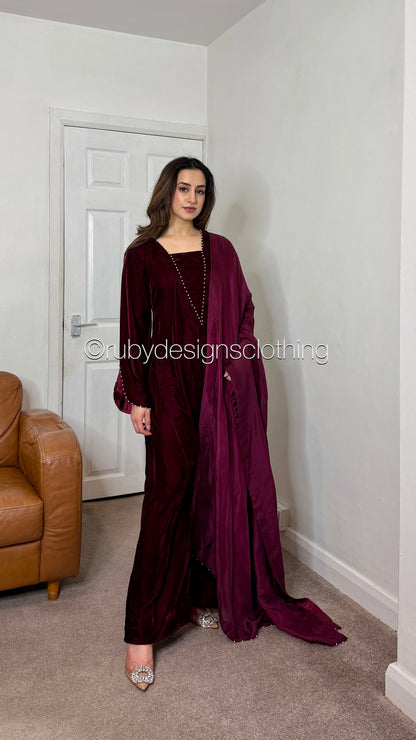 ANUM - 3 Piece Maroon Luxury Velvet Suit with Pearls