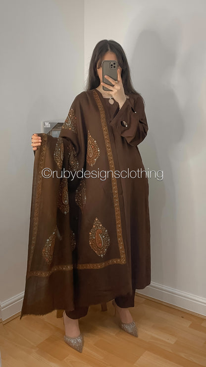 MIRA Brown - 3 Piece Linen Suit with Embroidered Shawl