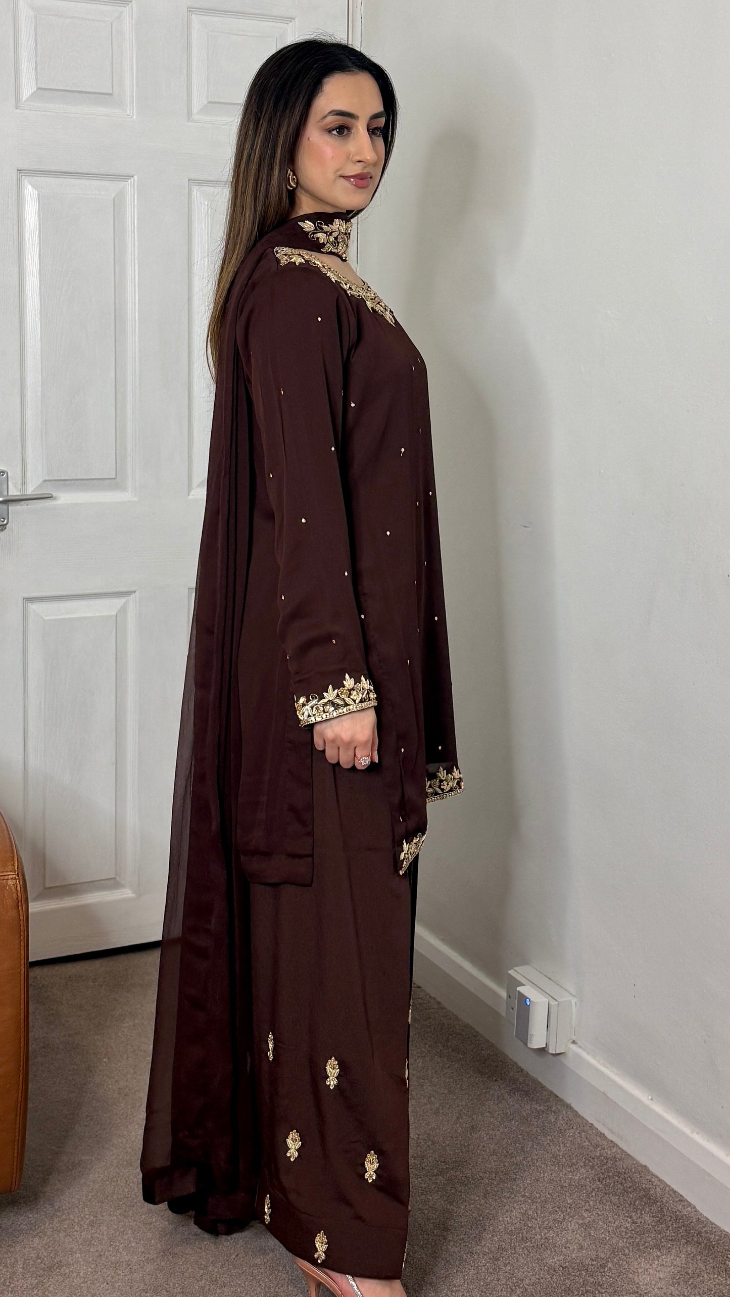 HUMNA Cocoa - 3 Piece Chiffon Suit with Farshi Shalwar