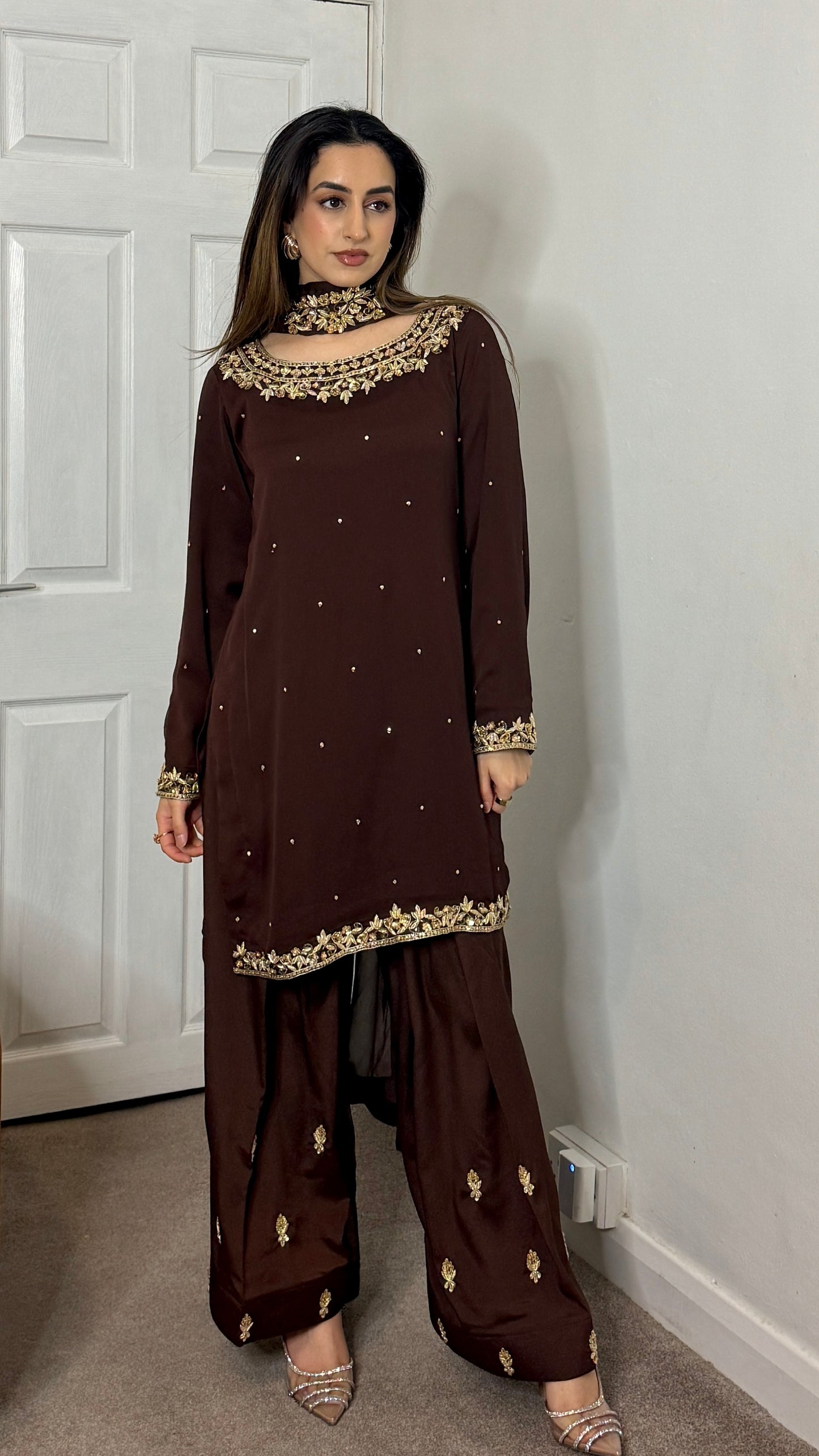 HUMNA Cocoa - 3 Piece Chiffon Suit with Farshi Shalwar