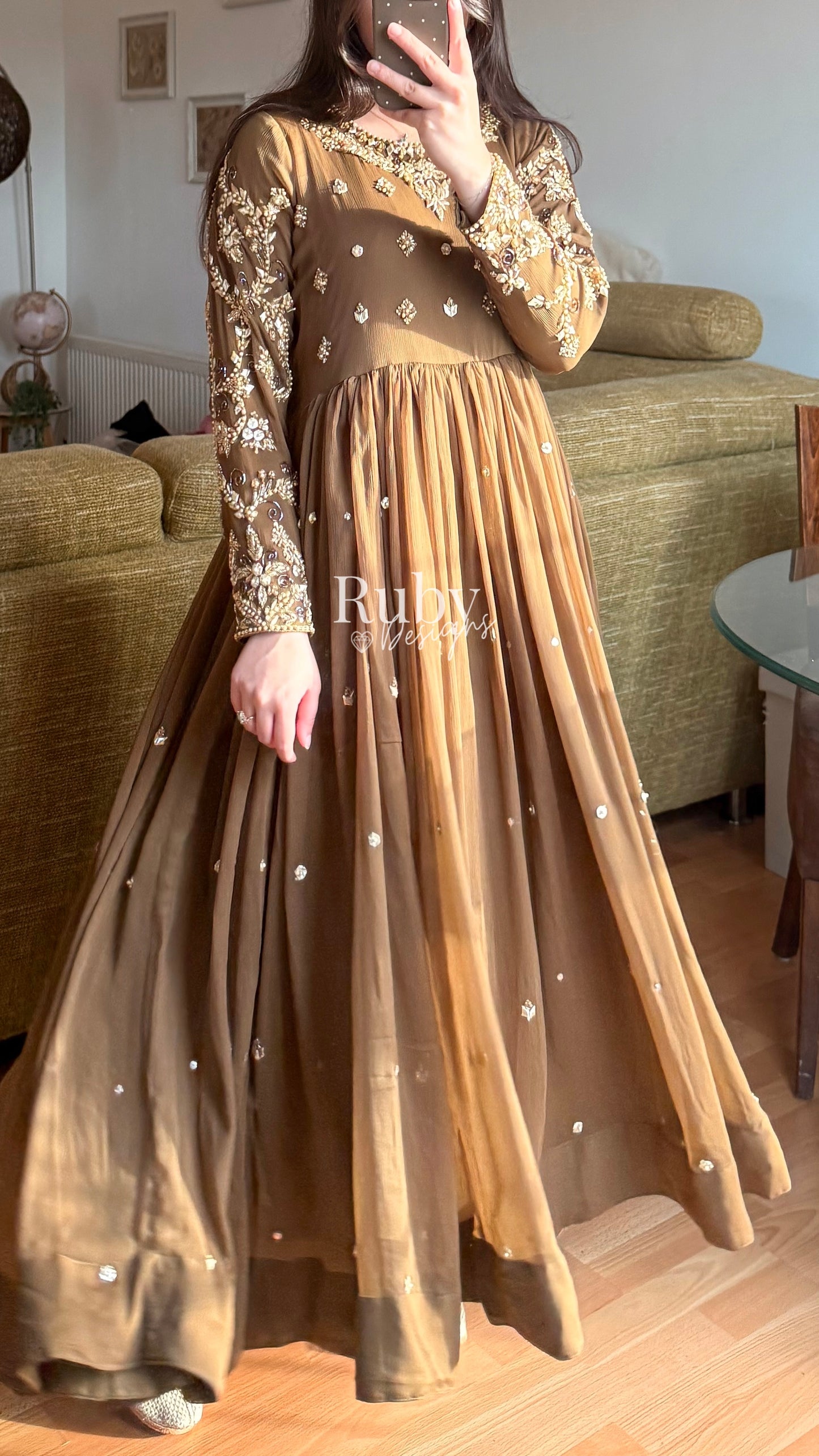 NAYRA Style 1 (Dress) - 3 Piece Khaki Chiffon Dress with Kiran Lace Dupatta and Churidaar Trousers