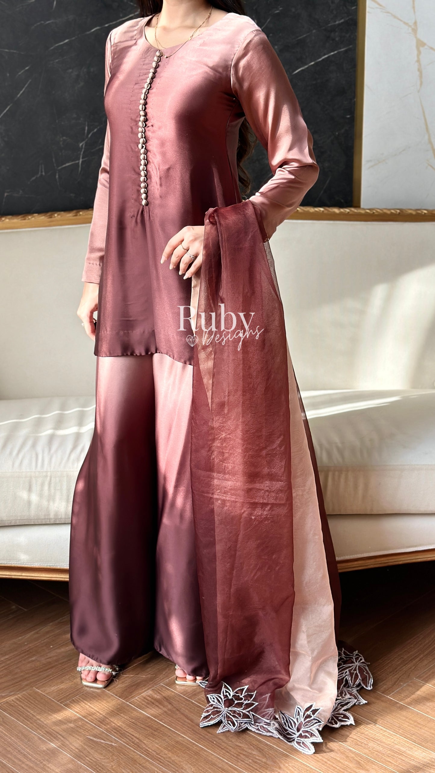 FIHA Mocha - 3 Piece Ombrè Silk Suit with Flowy Wide Pants