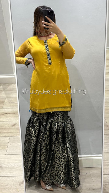 EXCLUSIVE SAMPLE - 3 Piece Yellow Chiffon Suit Shirt with Jamawar Gharara (8746851795157)