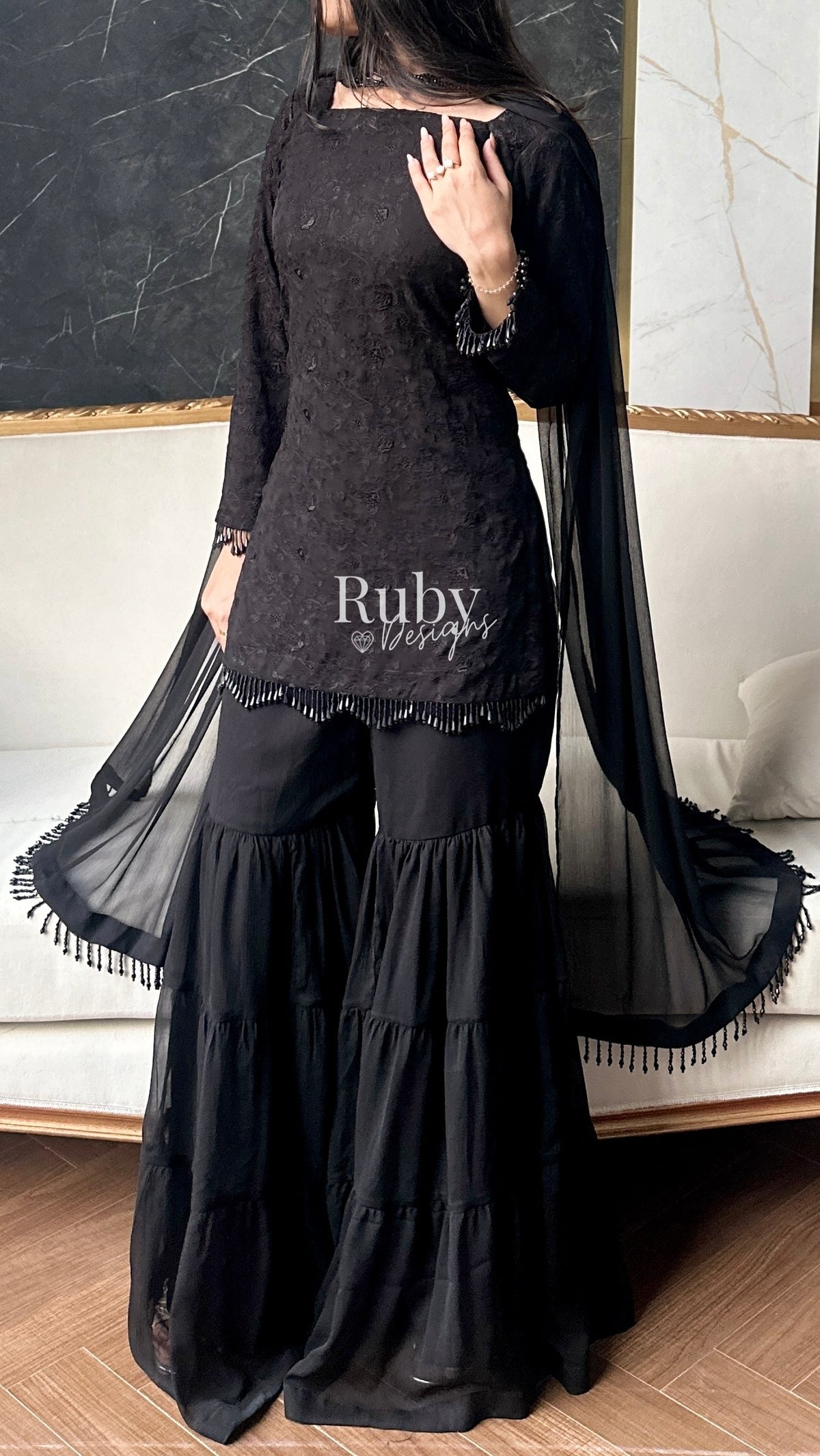 FARYAL Noir - 3 Piece Chiffon Suit with Tiered Sharara