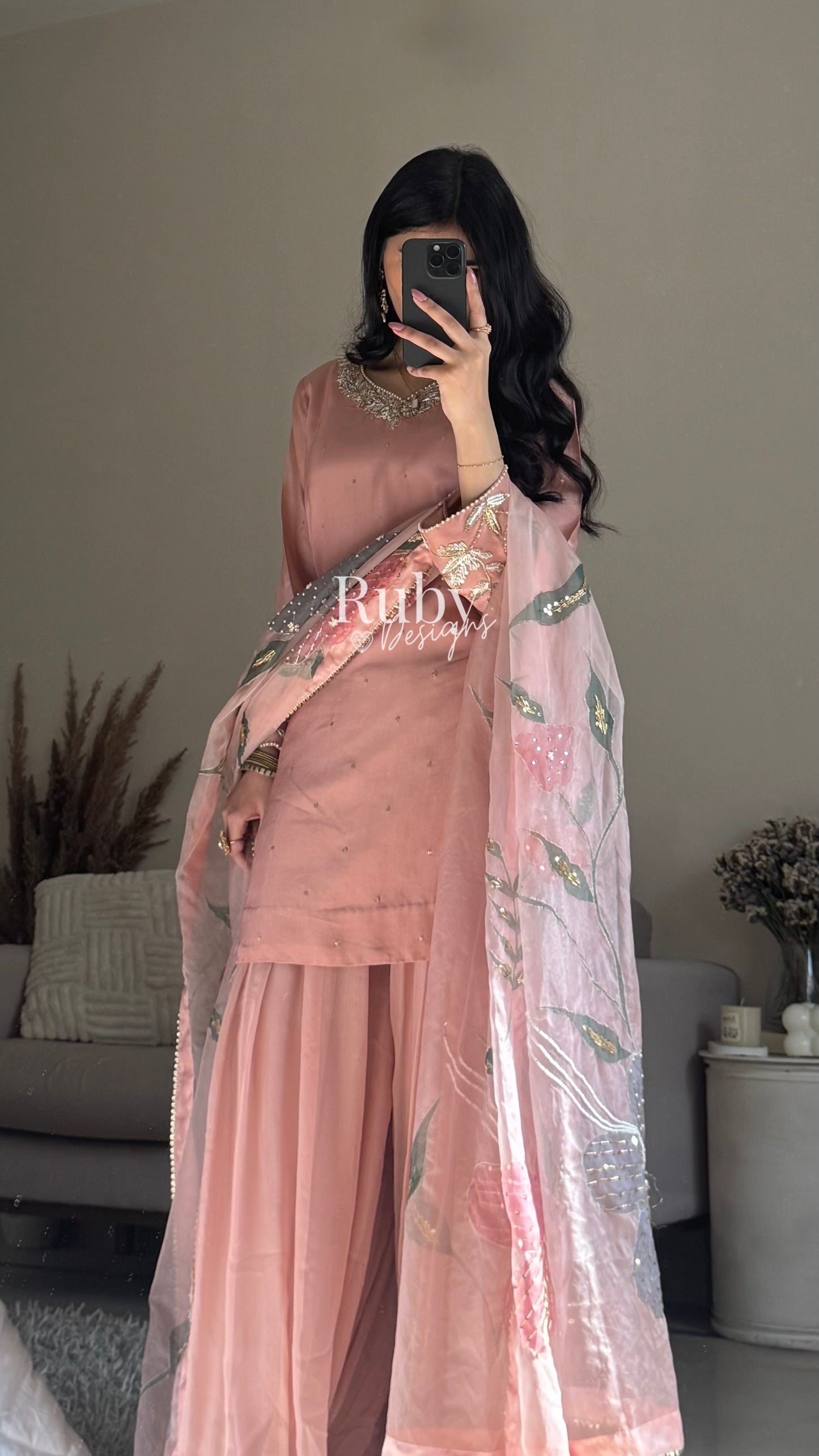 ZAIRA Rose - 3 Piece Chiffon Sharara Suit with Hand Painted Dupatta