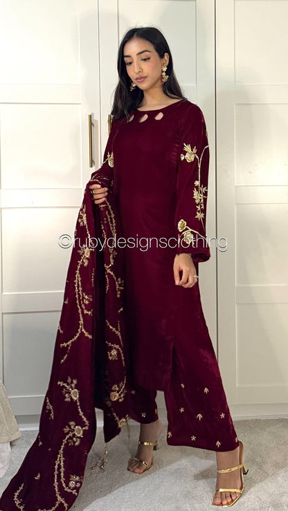 RAISA Cherry - 3 Piece Luxury Velvet Suit with Heavy Embellished Shawl