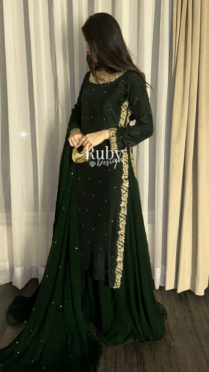 ZAINA Emerald - 3 Piece Silk Suit with Gold Handwork