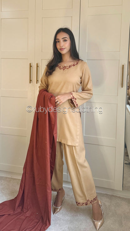 ZAHA - 3 Piece Beige Marina Suit with Brown Shawl