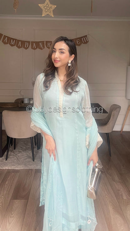 SABREENA- 3 Piece Baby Blue Chiffon Suit with Wide Leg Trouser
