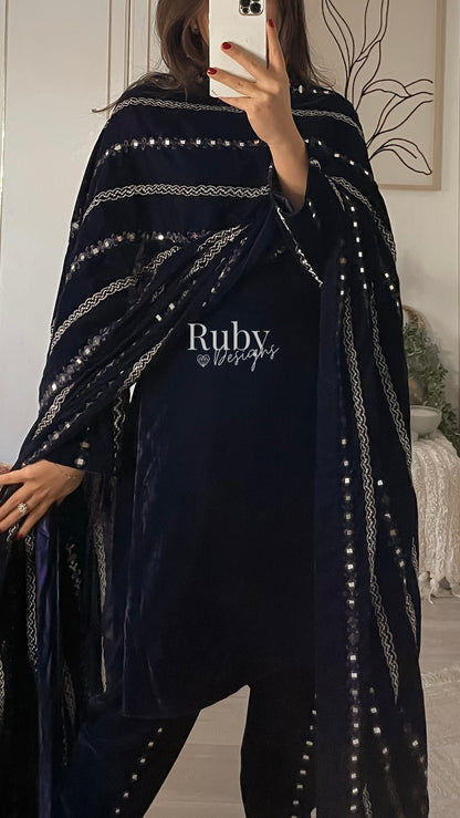 ELMIRA - 3 Piece Luxury Velvet Suit with Heavy Mirror Shawl