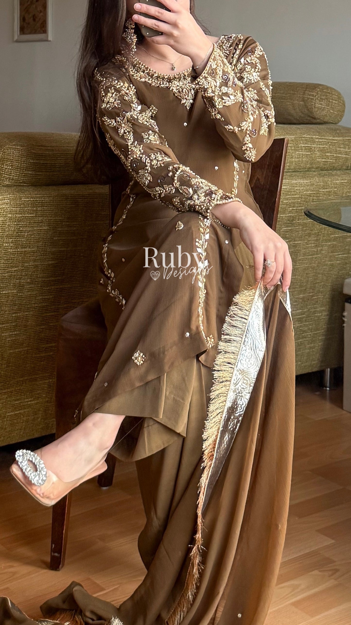 NAYRA Style 2 (Long Shirt) - 3 Piece Khaki Chiffon Suit with Trouser