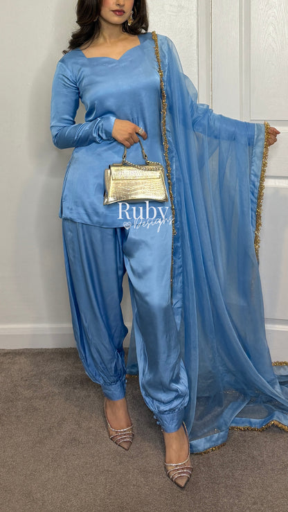 AMELLE Blue - 3 Piece Silk Suit with Balloon Pants