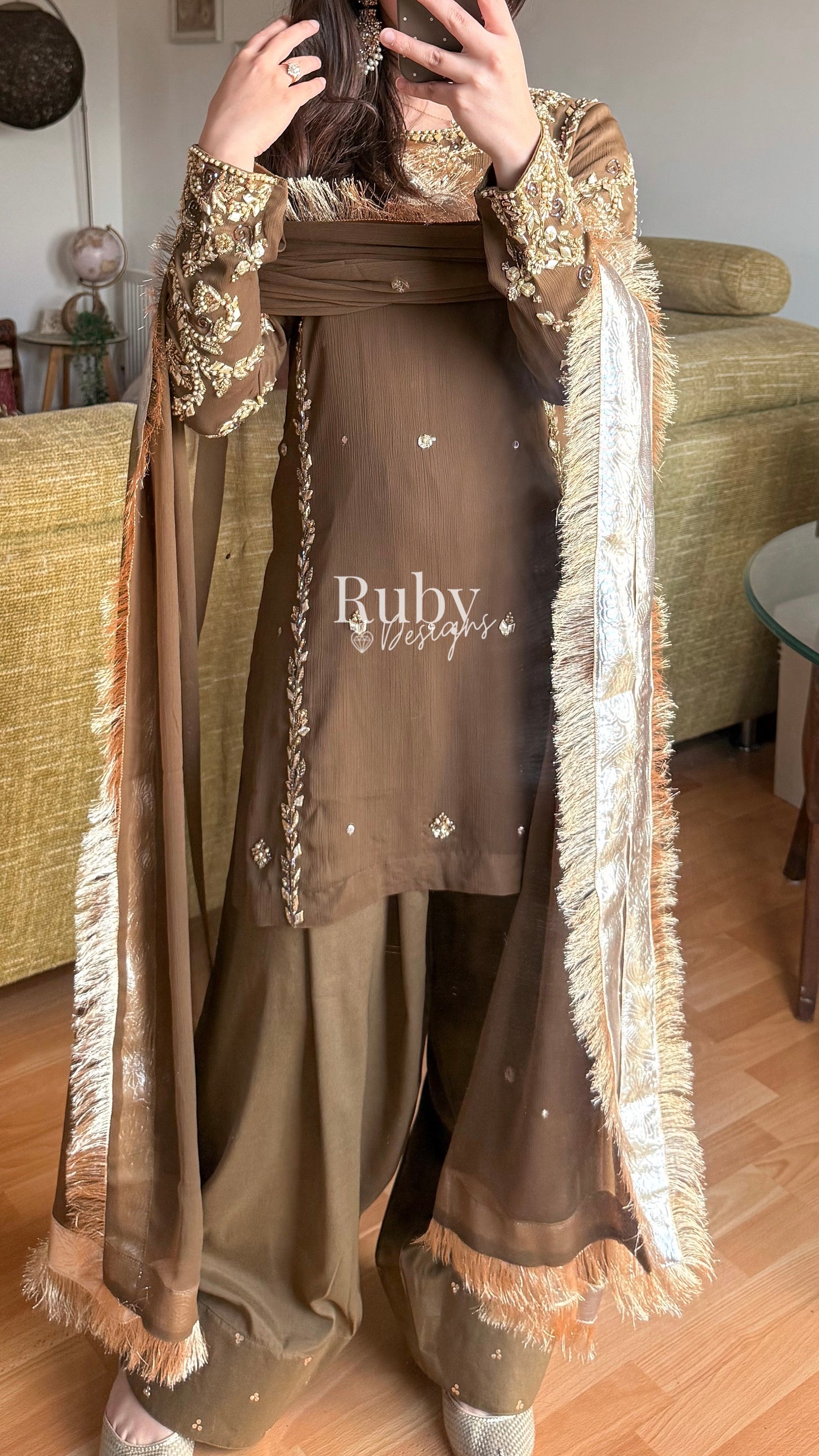 NAYRA Style 3 (Short Shirt) - 3 Piece Khaki Chiffon Suit with Shalwar