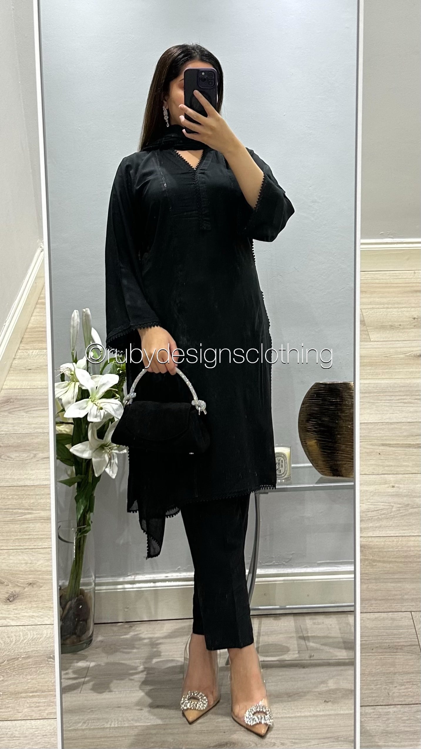 3 Piece Black Linen Suit with V Neck and Lace (8746823221461)