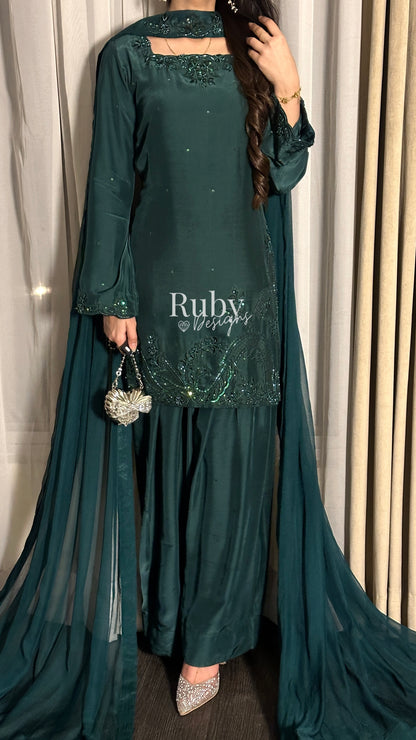 LARA Emerald - 3 Piece Luxury Silk Suit with Cutdana Handwork