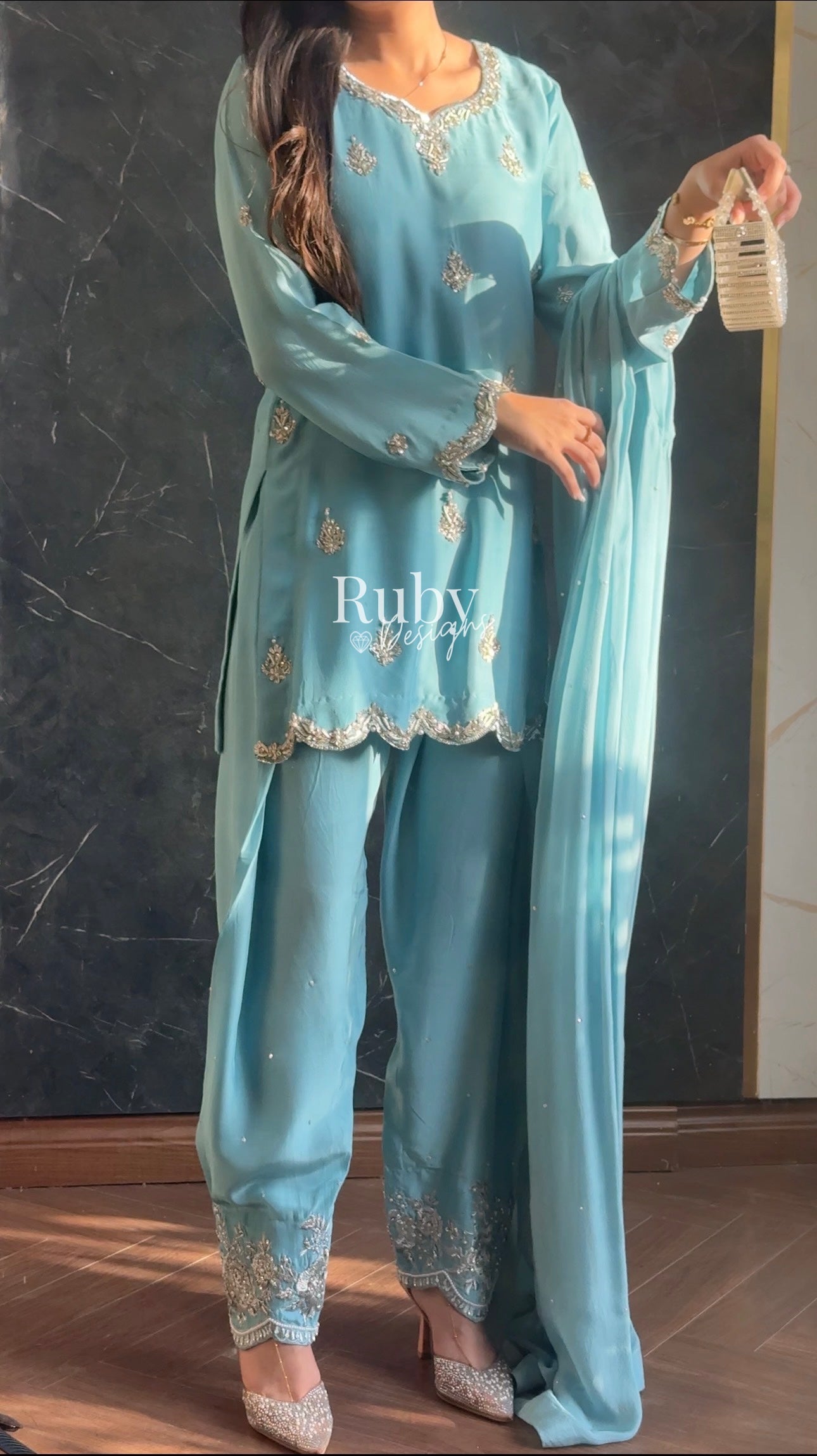 ATIFA Sky - 3 Piece Silk Suit with Shalwar