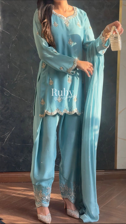 ATIFA Sky - 3 Piece Silk Suit with Shalwar