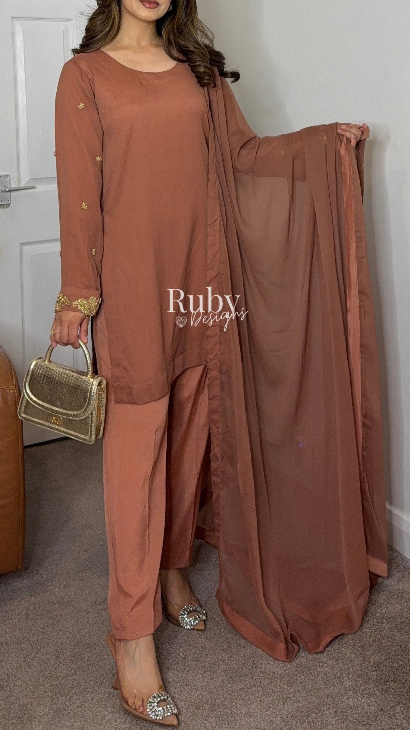 SORAYA - 4 Piece Chiffon Suit with Jacket and Gold Handwork