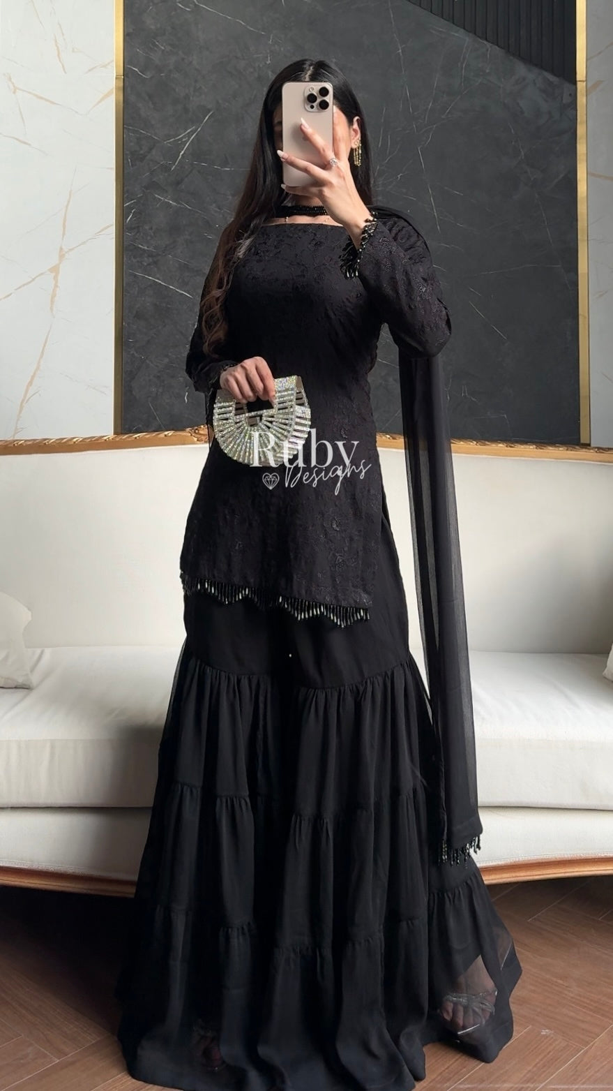 FARYAL Noir - 3 Piece Chiffon Suit with Tiered Sharara