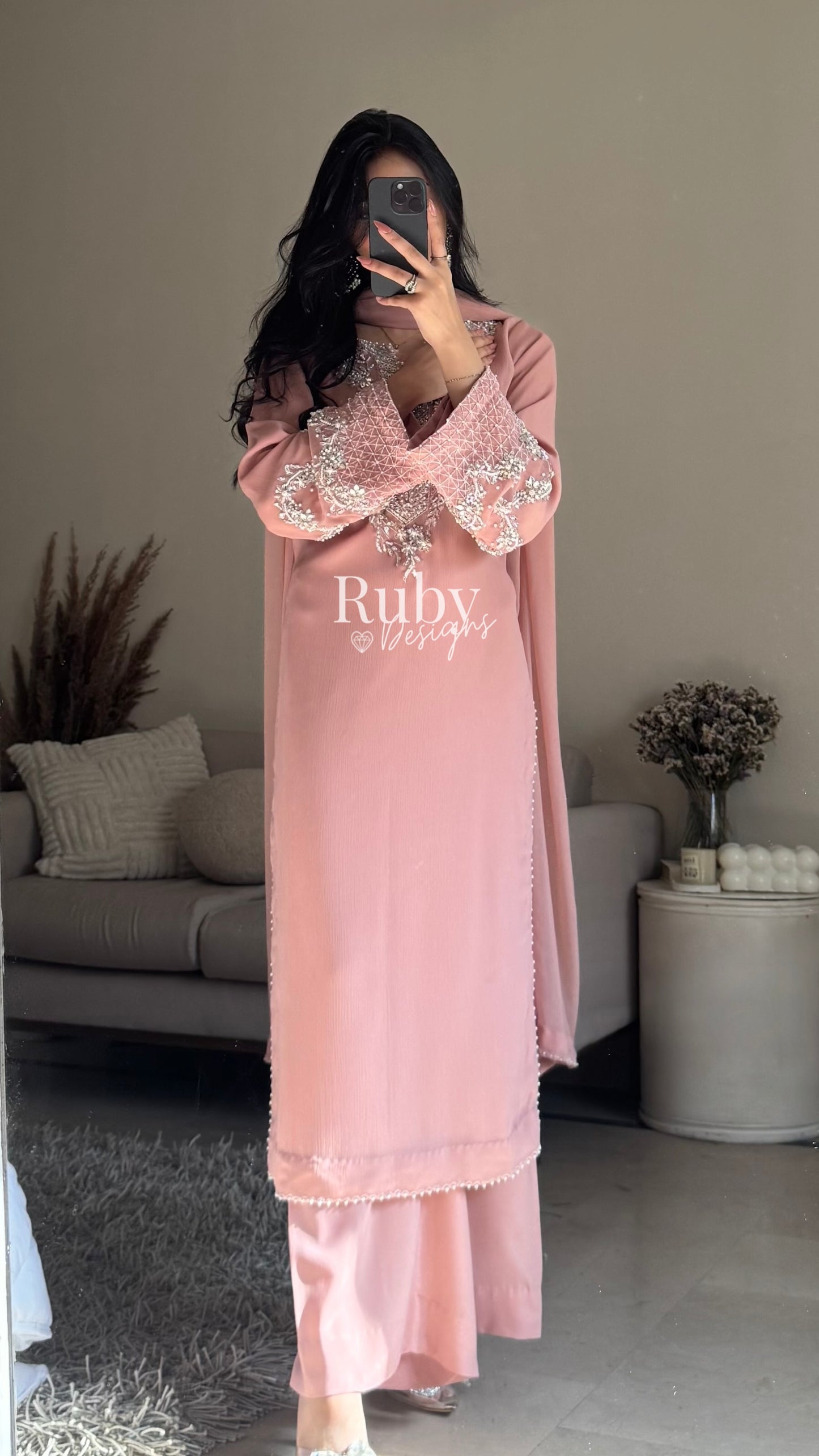 AREEN Blush - 3 Piece Chiffon Suit with Pearl and Stone Handwork
