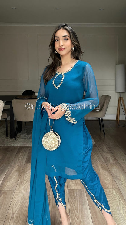 AQSA Teal - 3 Piece Teal Chiffon Suit with Tulip Trouser