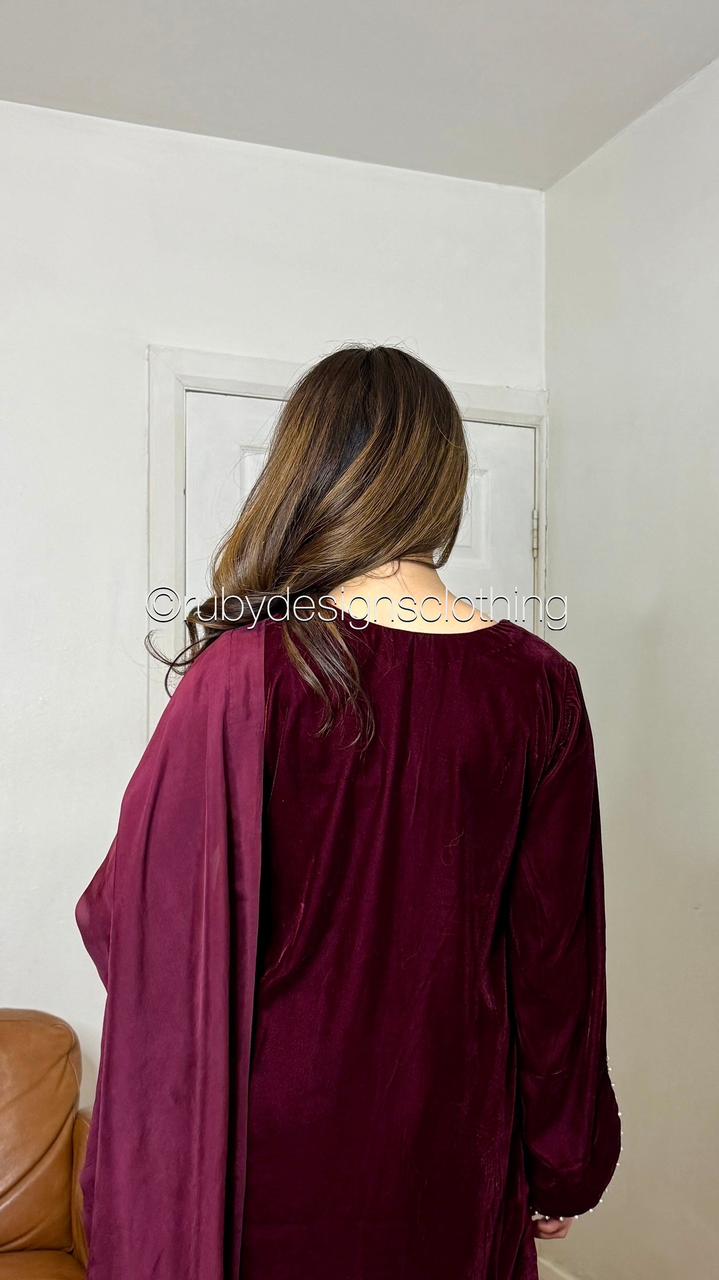 ANUM - 3 Piece Maroon Luxury Velvet Suit with Pearls