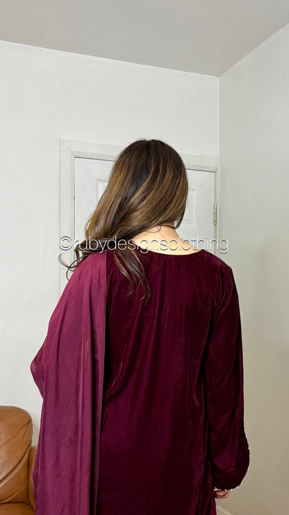 ANUM - 3 Piece Maroon Luxury Velvet Suit with Pearls