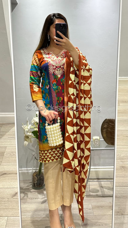 3 Piece Burnt Orange Khaddar Suit with Shawl (8746816340181)