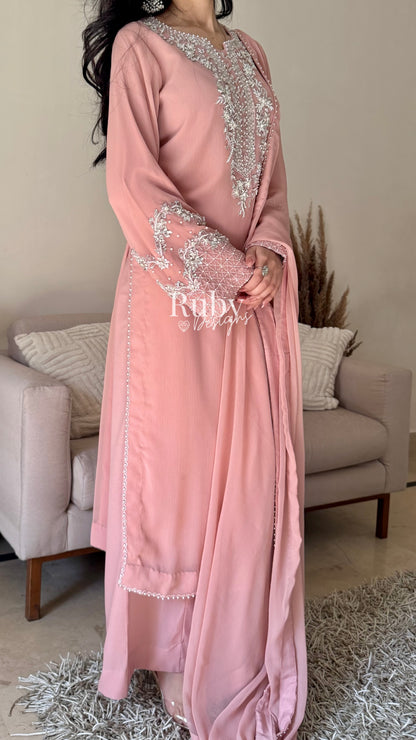 AREEN Blush - 3 Piece Chiffon Suit with Pearl and Stone Handwork