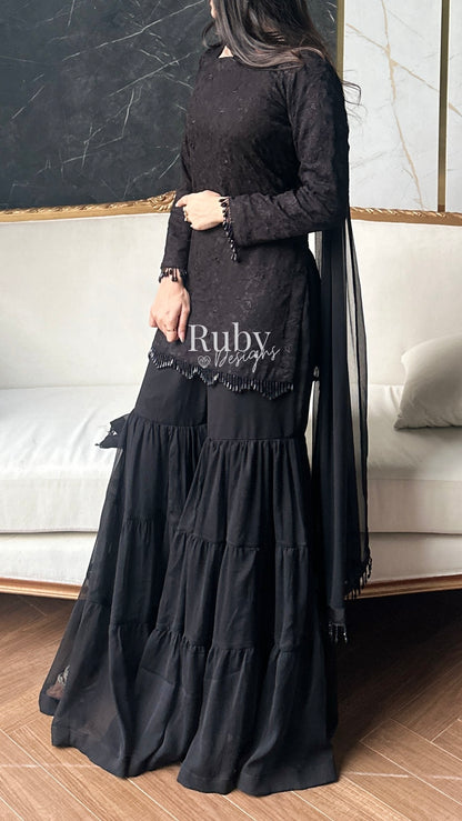 FARYAL Noir - 3 Piece Chiffon Suit with Tiered Sharara