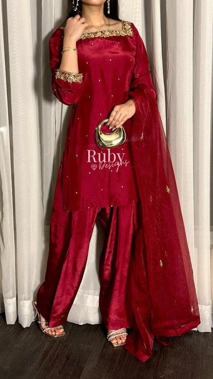 MEHER Rouge - 3 Piece Silk Suit with Farshi Shalwar