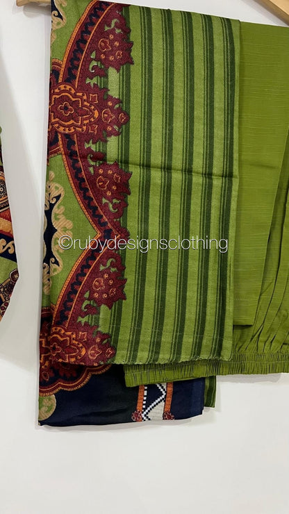 3 Piece Green Khaddar Suit with Shawl (8747216896213)