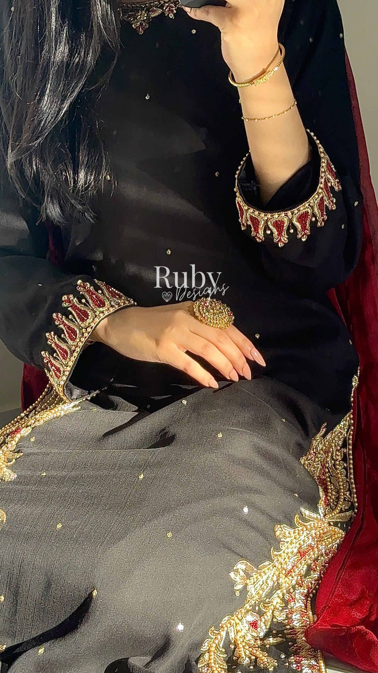 MEHRUNNISA - 3 Piece Black Chiffon Suit with Gold Handwork