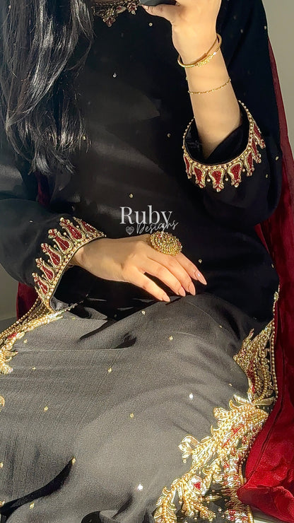 MEHRUNNISA - 3 Piece Black Chiffon Suit with Gold Handwork