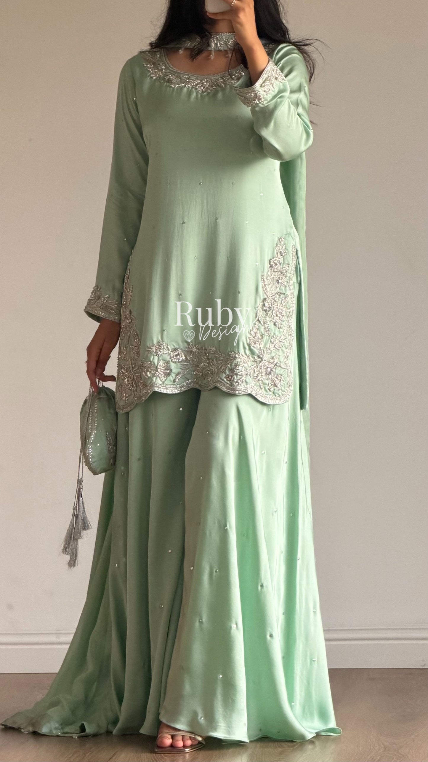 PARISA Sage - 4 Piece Silk Suit with Matching Potli Bag