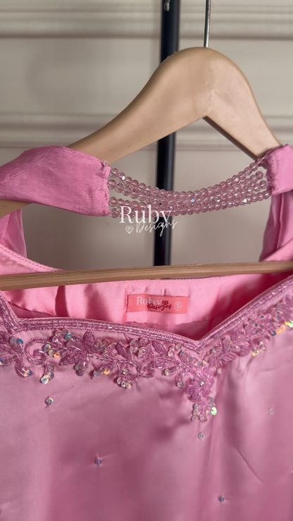KAREENA Pink - 3 Piece Silk Suit with Crystal Choker Dupatta