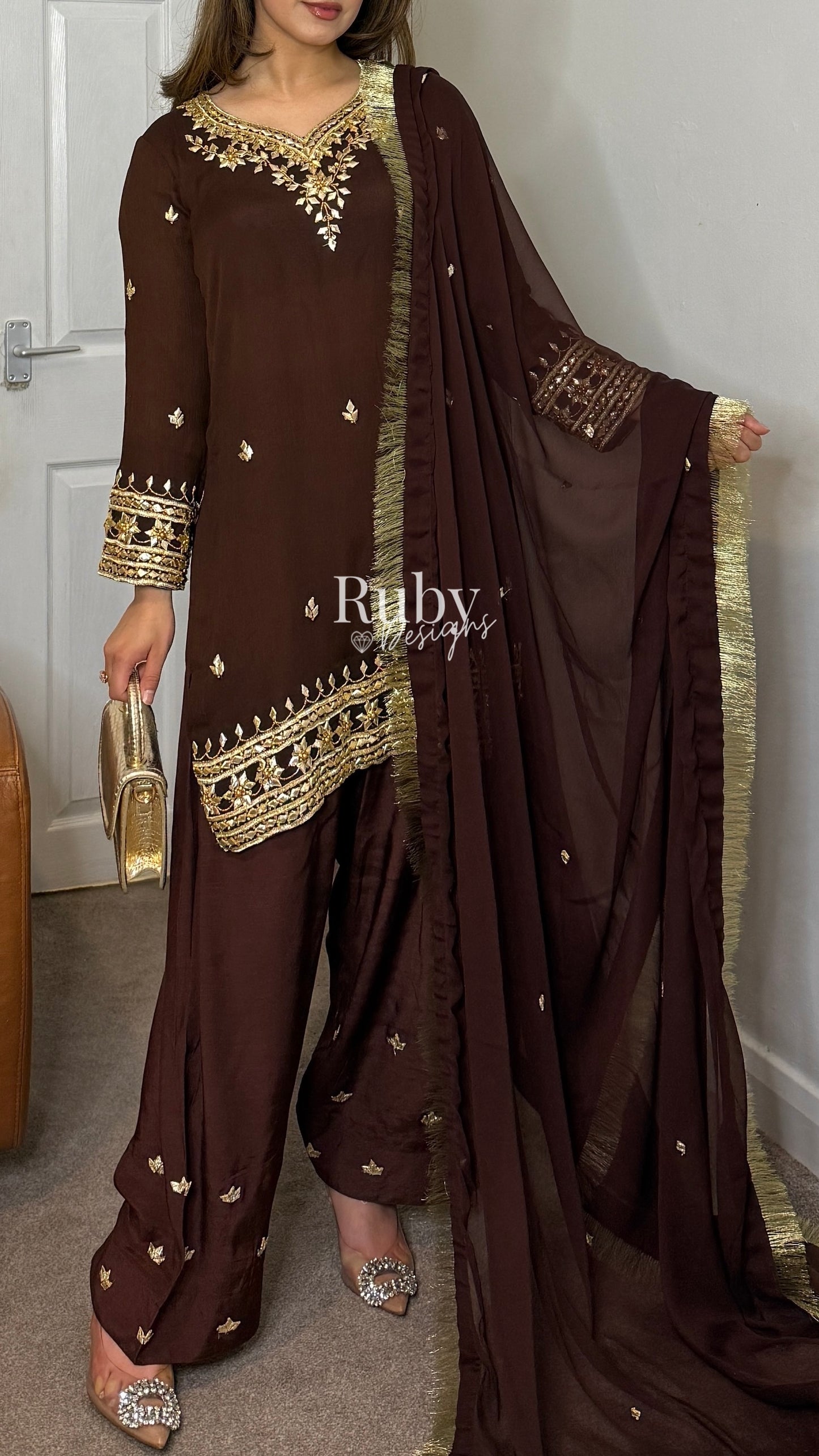 SAJAL Cocoa - 3 Piece Chiffon Suit with Farshi Shalwar and Gota Handwork