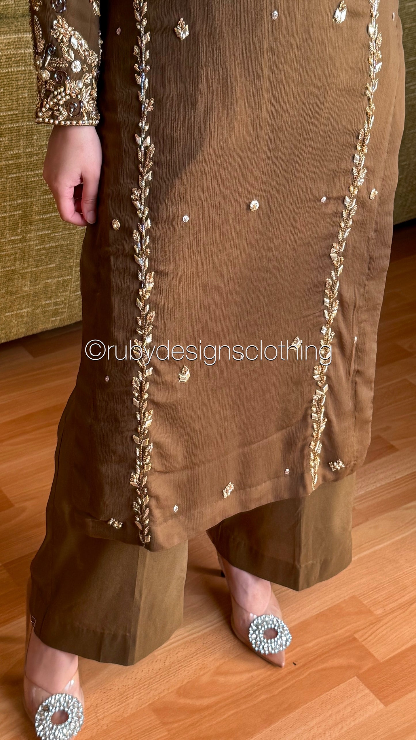 NAYRA Style 2 (Long Shirt) - 3 Piece Khaki Chiffon Suit with Trouser