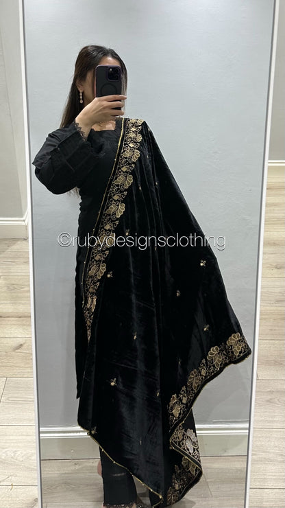 Black Velvet Shawl with Gold Embroidery (8746838753493)