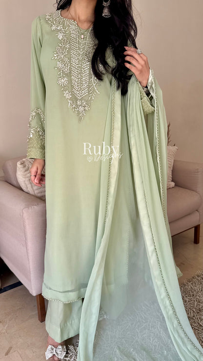 AREEN Mint - 3 Piece Chiffon Suit with Pearl and Stone Handwork
