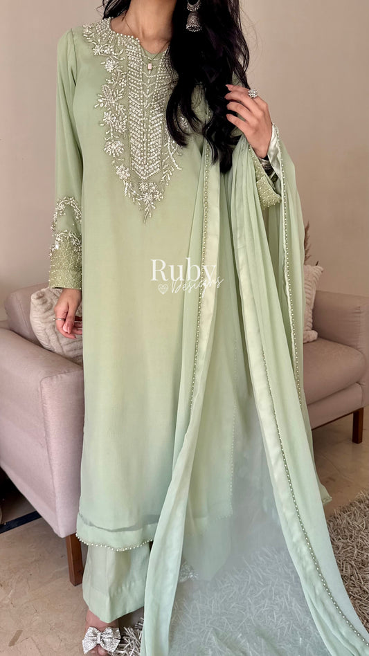 AREEN Mint - 3 Piece Chiffon Suit with Pearl and Stone Handwork