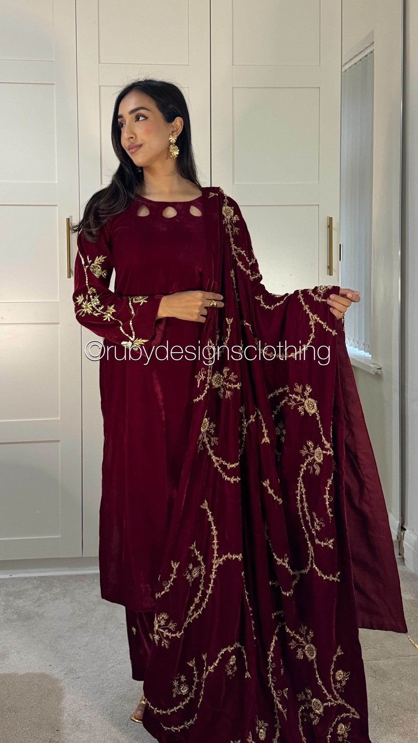 RAISA Cherry - 3 Piece Luxury Velvet Suit with Heavy Embellished Shawl