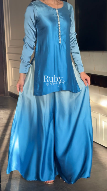 FIHA Azure - 3 Piece Ombrè Silk Suit with Flowy Wide Pants