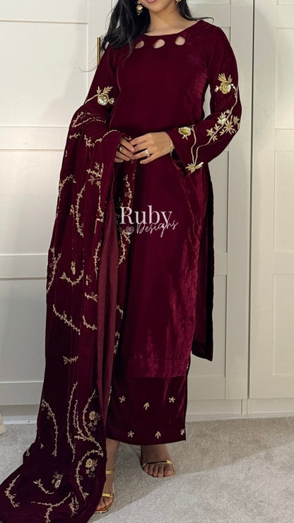 RAISA Cherry - 3 Piece Luxury Velvet Suit with Heavy Embellished Shawl
