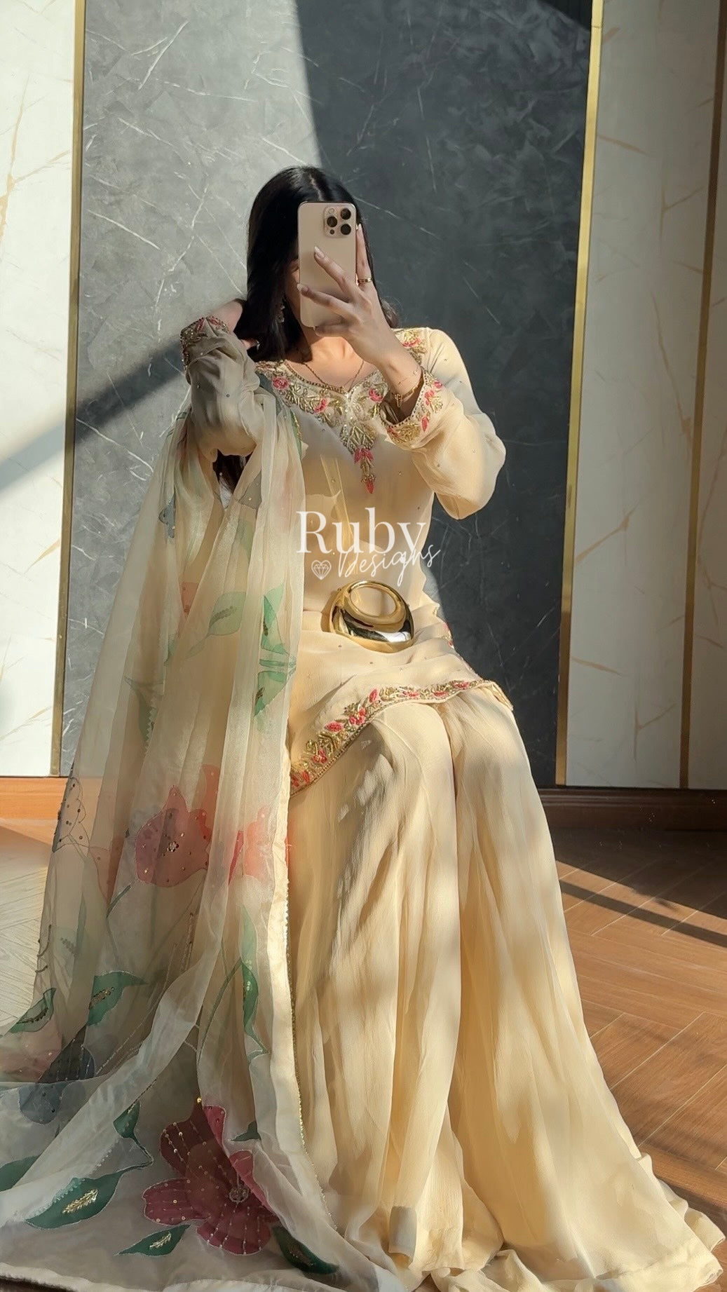 ZAIRA Dune - 3 Piece Chiffon Sharara Suit with Hand Painted Dupatta